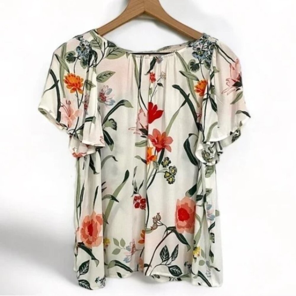 Loft Garden White Floral Blouse Button-Up Back Short Sleeves